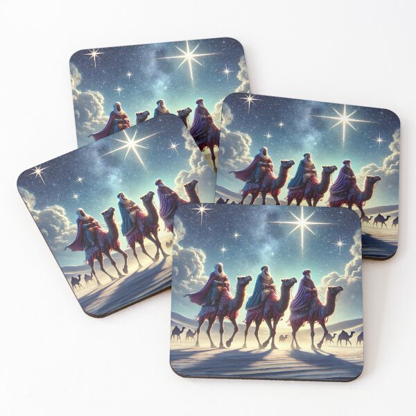 Item preview, Three wise men on camels follow a bright star in a starry night sky, traversing a desert landscape, symbolizing the biblical journey of the Magi designed and sold by homydesign.