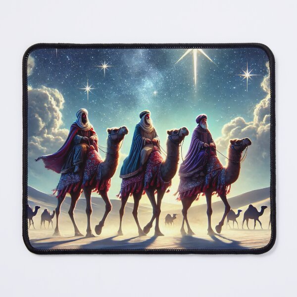 Item preview, Three wise men on camels follow a bright star in a starry night sky, traversing a desert landscape, symbolizing the biblical journey of the Magi designed and sold by homydesign.