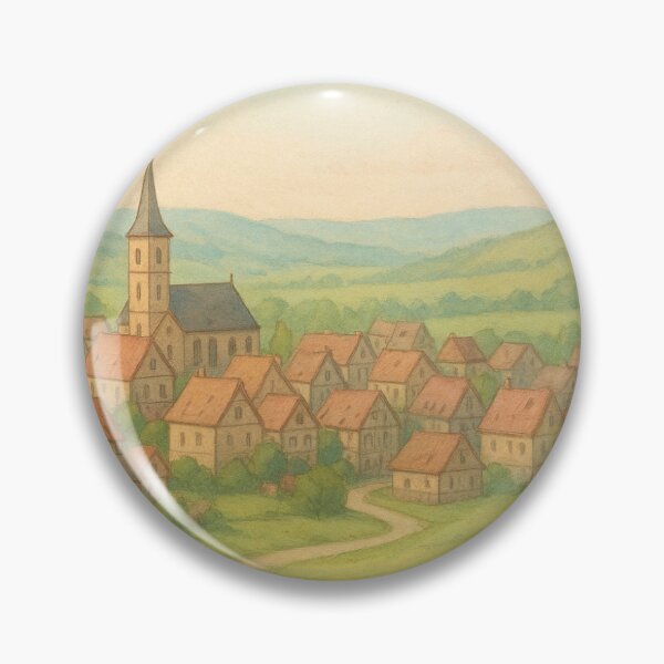 Item preview, Peaceful Countryside Village Landscape with Church and Hills – Pastel Storybook Illustration designed and sold by DurgurtVia.