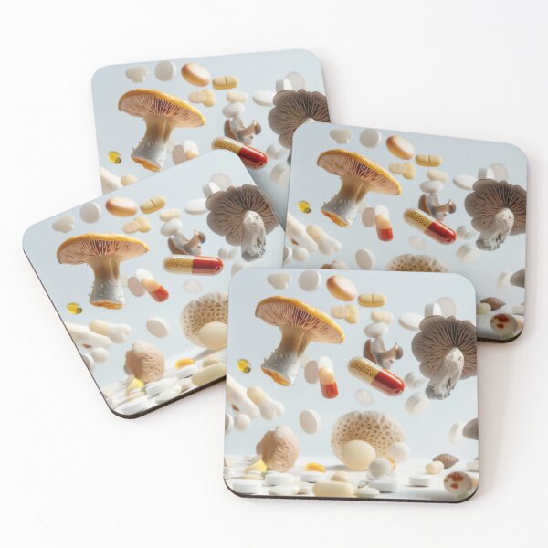 Item preview, Mushrooms and various pills floating in mid-air on white background, AI Generated designed and sold by dvoevnore.