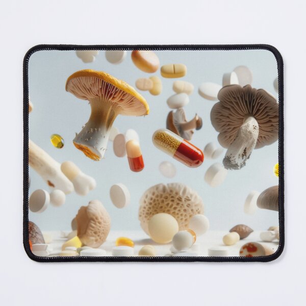 Item preview, Mushrooms and various pills floating in mid-air on white background, AI Generated designed and sold by dvoevnore.