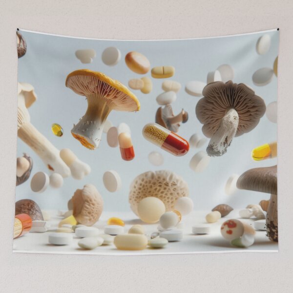 Item preview, Mushrooms and various pills floating in mid-air on white background, AI Generated designed and sold by dvoevnore.