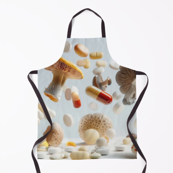 Item preview, Mushrooms and various pills floating in mid-air on white background, AI Generated designed and sold by dvoevnore.