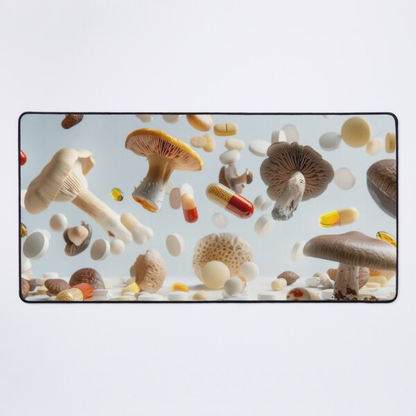 Item preview, Mushrooms and various pills floating in mid-air on white background, AI Generated designed and sold by dvoevnore.