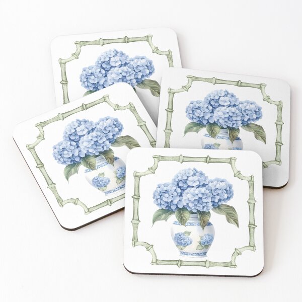 Item preview, Blue Hydrangeas in Chinoiserie Vase Bamboo Frame designed and sold by JozaneHouse.