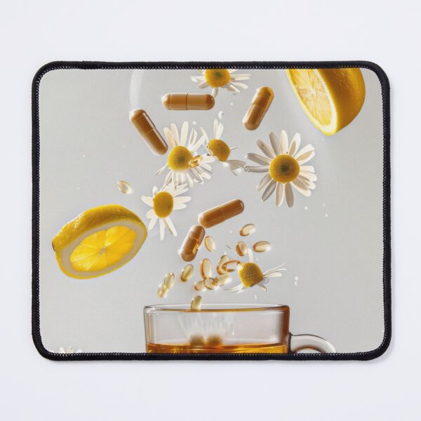 Item preview, Cup of herbal tea with floating ingredients including lemon, chamomile, and capsules, AI generated designed and sold by dvoevnore.