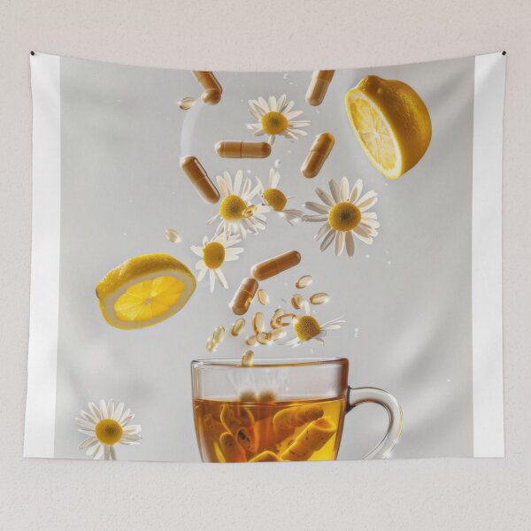 Item preview, Cup of herbal tea with floating ingredients including lemon, chamomile, and capsules, AI generated designed and sold by dvoevnore.