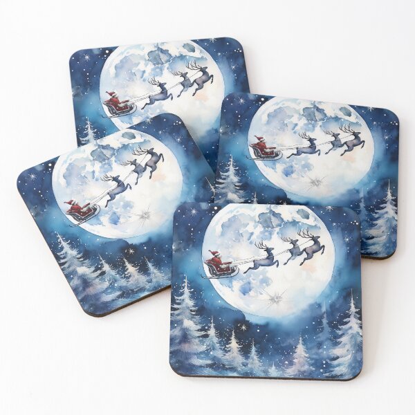 Item preview, Santa Claus flies his sleigh pulled by reindeer through a starry night sky with a full moon, painted in a watercolor style designed and sold by homydesign.