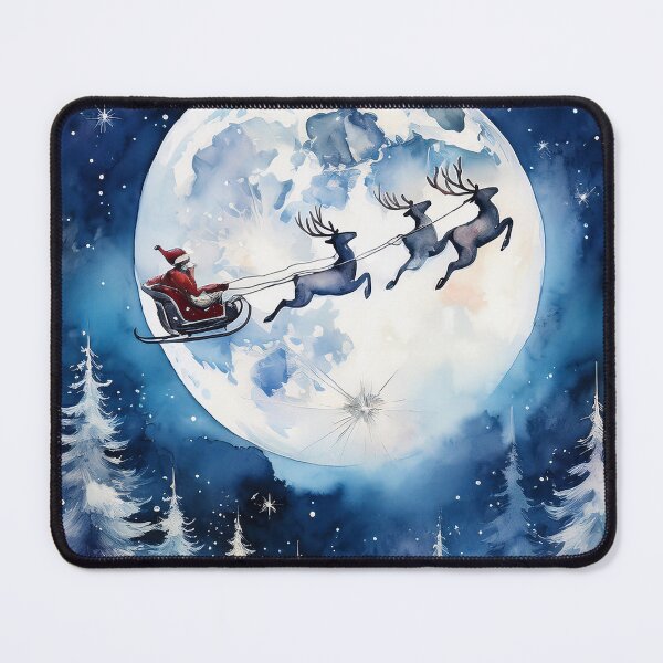 Item preview, Santa Claus flies his sleigh pulled by reindeer through a starry night sky with a full moon, painted in a watercolor style designed and sold by homydesign.