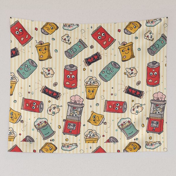 Item preview, Retro Doodle Soda Cans and Popcorn Machine Quirky Pattern designed and sold by MoonlitDoodles1.