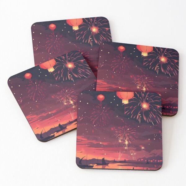 Item preview, Traditional Chinese lanterns against fireworks in night sky, background, AI generated designed and sold by dvoevnore.