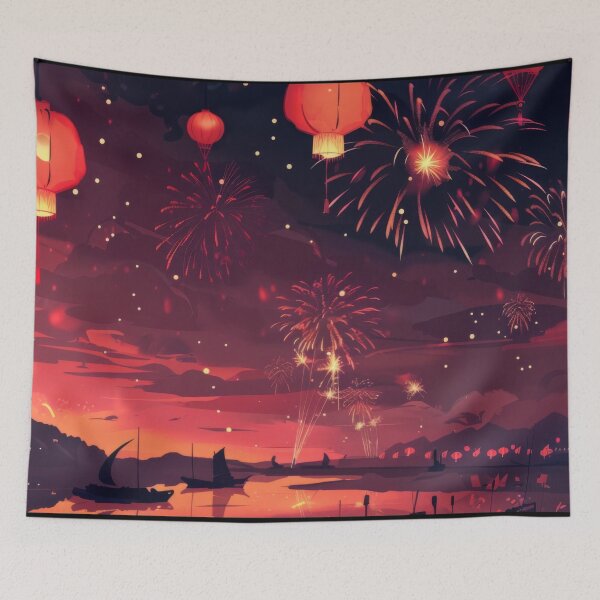 Item preview, Traditional Chinese lanterns against fireworks in night sky, background, AI generated designed and sold by dvoevnore.