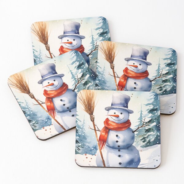 Item preview, Watercolor painting of a snowman with a carrot nose, red scarf, and top hat in a snowy forest designed and sold by homydesign.