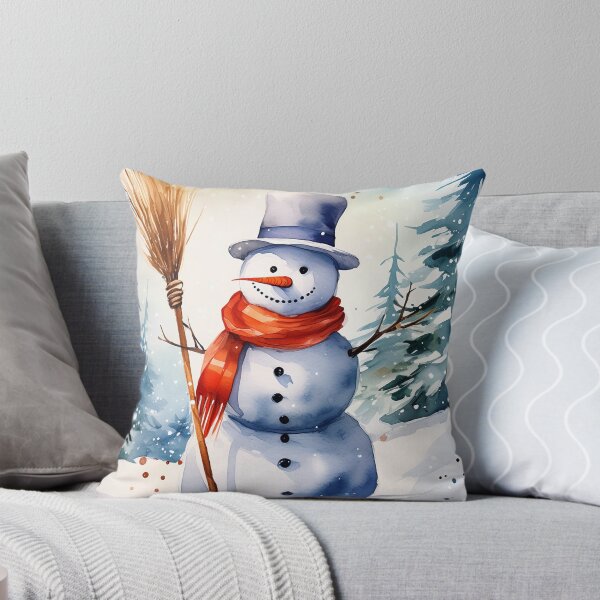 Item preview, Watercolor painting of a snowman with a carrot nose, red scarf, and top hat in a snowy forest designed and sold by homydesign.