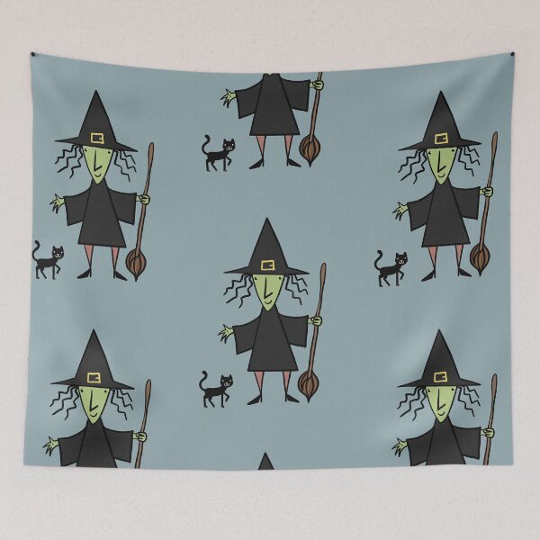 Item preview, Halloween Witch on her broomstick hand drawn art illustration designed and sold by Vintage Designs +.