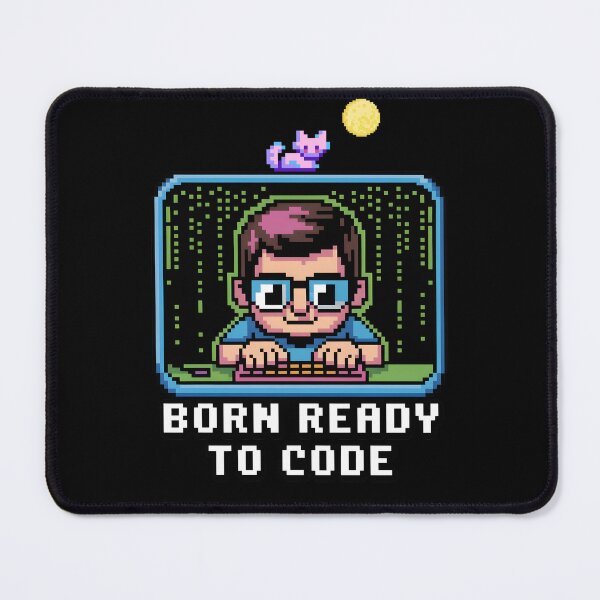 Item preview, Born Ready to Code – Retro Pixel Programmer Cat Design designed and sold by DreamVibeShirt.