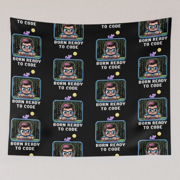 Item preview, Born Ready to Code – Retro Pixel Programmer Cat Design designed and sold by DreamVibeShirt.