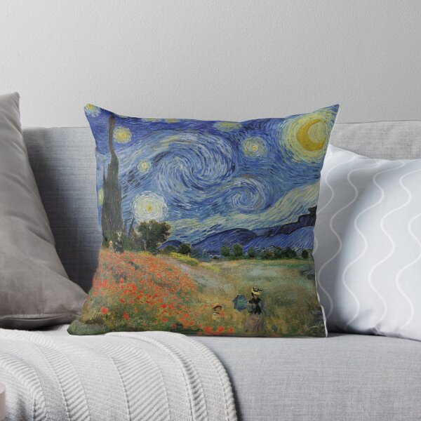 Claude Monet Poppy Fields Vincent Van Gogh Starry Night | Collage 2.0 by Bohemian Bear Throw Pillow