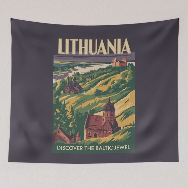 Item preview, Lithuania Landscape Illustration Travel Art Vintage designed and sold by KrisSidDesigns.