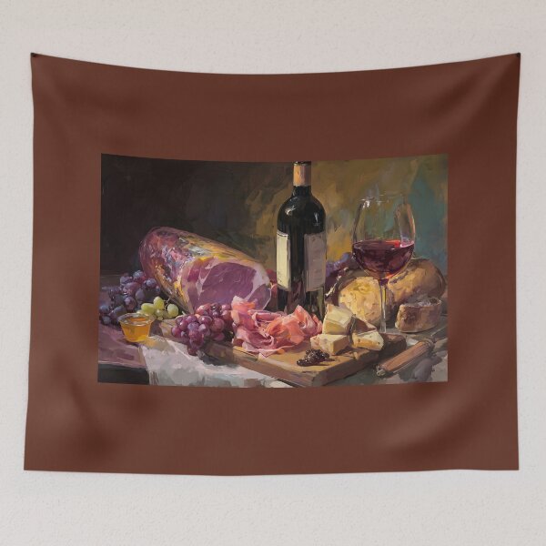 Item preview, Rustic Gourmet Spread with Cured Meats, Cheeses, Bread, and Red Wine Elegance designed and sold by OlfactoART Studio.