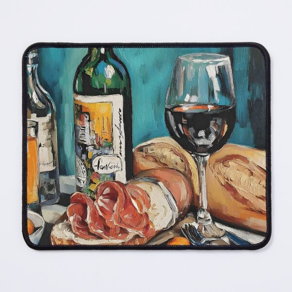 Item preview, Rustic Wine and Charcuterie Scene with Bread, Cured Meats, and Fresh Fruits designed and sold by OlfactoART Studio.