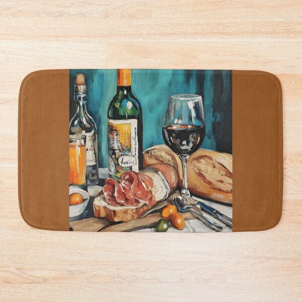 Item preview, Rustic Wine and Charcuterie Scene with Bread, Cured Meats, and Fresh Fruits designed and sold by OlfactoART Studio.