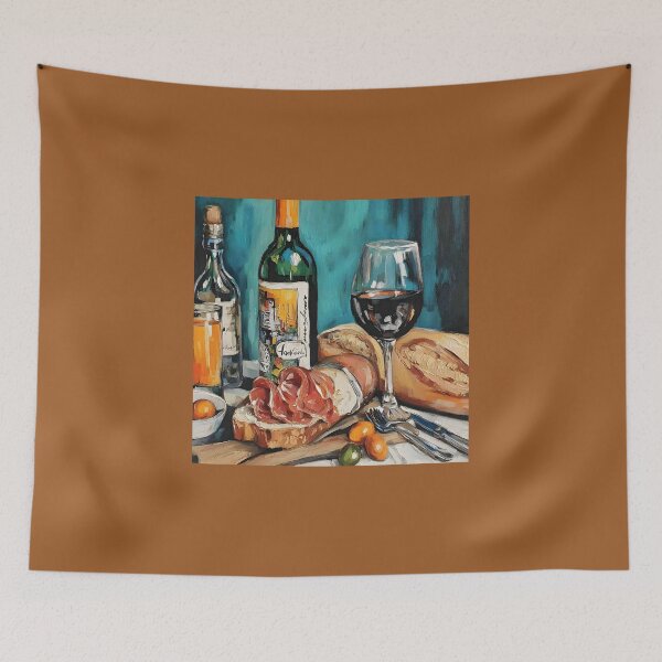 Item preview, Rustic Wine and Charcuterie Scene with Bread, Cured Meats, and Fresh Fruits designed and sold by OlfactoART Studio.
