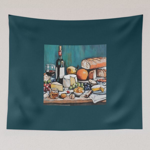 Item preview, Celebrate a Gourmet Spread of Cheeses, Fresh Bread, Wine, Grapes, and Seasonal Fruits designed and sold by OlfactoART Studio.