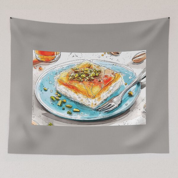 Item preview, Delight in Pistachio-Topped Kunafa with a Fork Ready and Turkish Tea Nearby designed and sold by OlfactoART Studio.