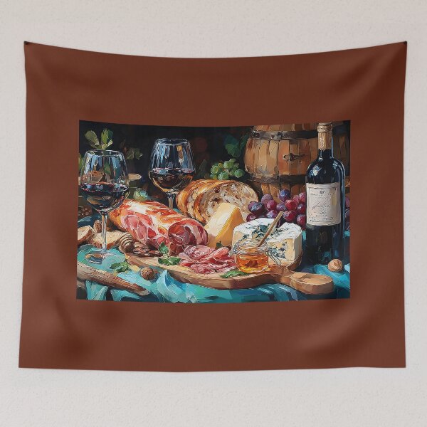 Item preview, Enjoy a Rustic Feast with Red Wine, Cheeses, Cured Meats, Grapes, and Fresh Bread designed and sold by OlfactoART Studio.