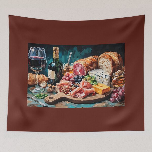Item preview, Savor a Rustic Charcuterie Board with Cheeses, Meats, Fruits, Honey, and Red Wine designed and sold by OlfactoART Studio.