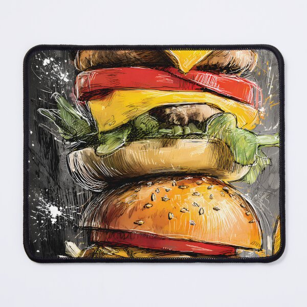 Item preview, Dive into a Triple Cheeseburger Stack with Fresh Toppings, Crispy Fries, and Tangy Pickle designed and sold by OlfactoART Studio.