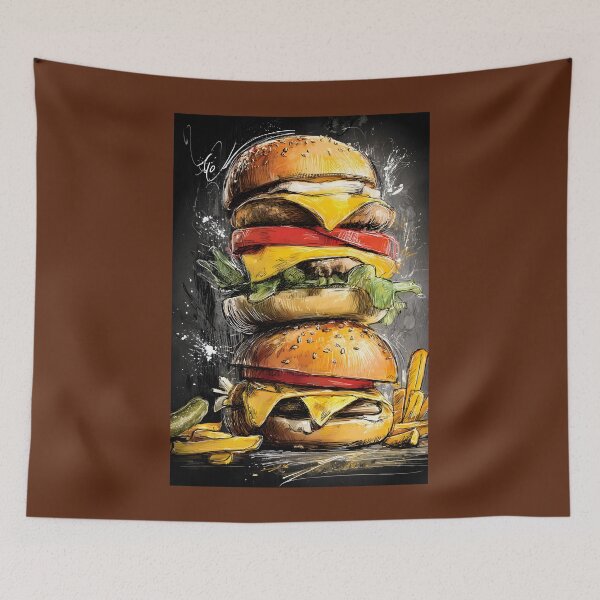 Item preview, Dive into a Triple Cheeseburger Stack with Fresh Toppings, Crispy Fries, and Tangy Pickle designed and sold by OlfactoART Studio.
