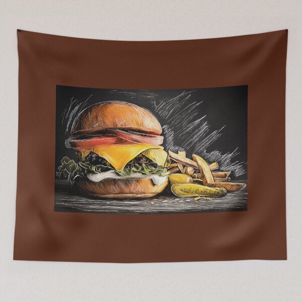 Item preview, Savor a Juicy Cheeseburger with Fresh Veggies, Melted Cheese, Crispy Fries, and Pickles designed and sold by OlfactoART Studio.