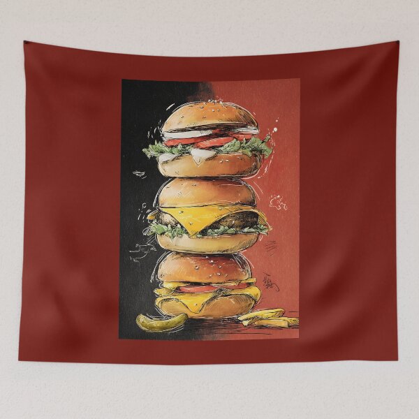 Item preview, Towering Triple Burger Stack with Fresh Toppings and Tangy Pickle Accent designed and sold by OlfactoART Studio.