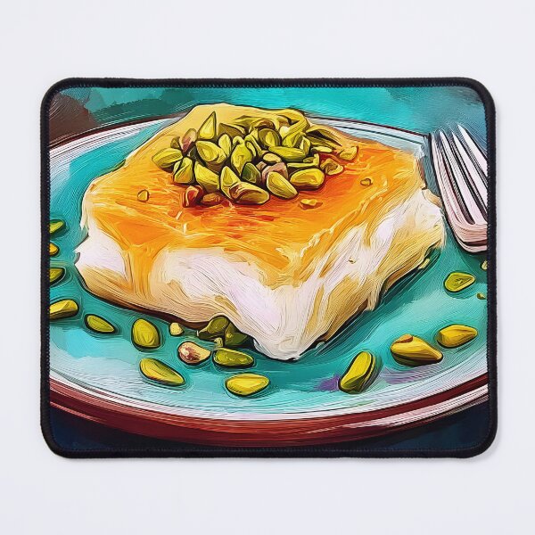 Item preview, Relish Pistachio-Topped Knafeh on a Vibrant Blue Plate with Colorful Artistic Flair designed and sold by OlfactoART Studio.