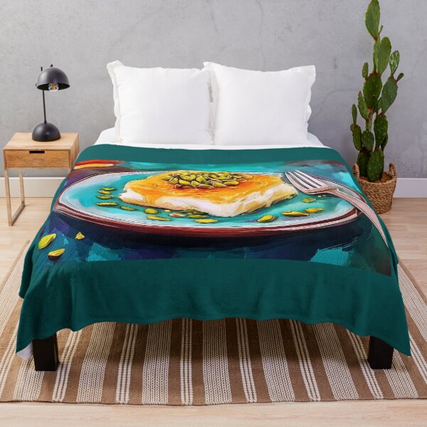 Item preview, Relish Pistachio-Topped Knafeh on a Vibrant Blue Plate with Colorful Artistic Flair designed and sold by OlfactoART Studio.
