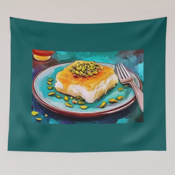 Item preview, Relish Pistachio-Topped Knafeh on a Vibrant Blue Plate with Colorful Artistic Flair designed and sold by OlfactoART Studio.