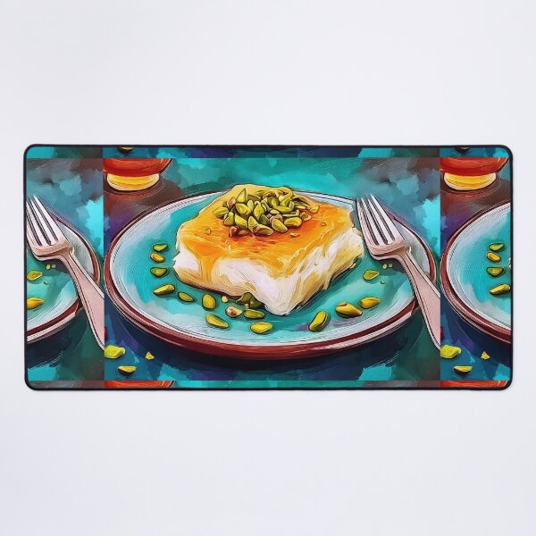 Item preview, Relish Pistachio-Topped Knafeh on a Vibrant Blue Plate with Colorful Artistic Flair designed and sold by OlfactoART Studio.
