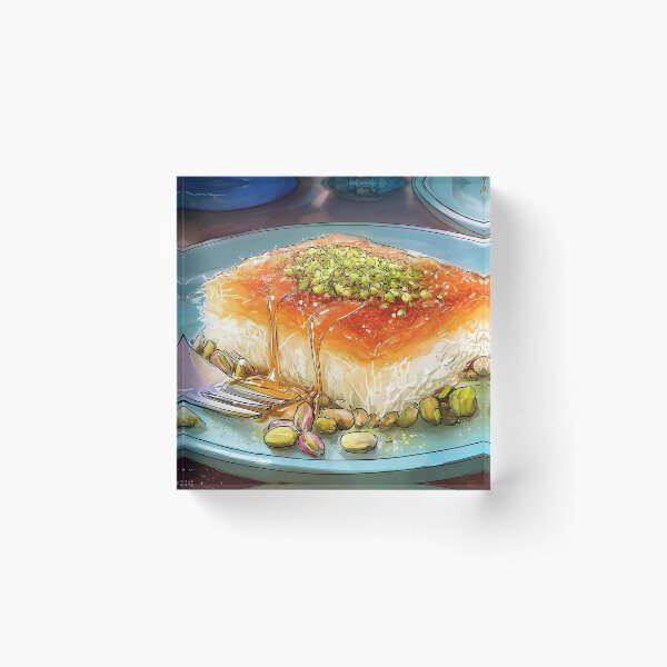 Item preview, Indulge in Syrup-Drizzled Kunafa with Crushed Pistachios on a Vibrant Blue Plate designed and sold by OlfactoART Studio.