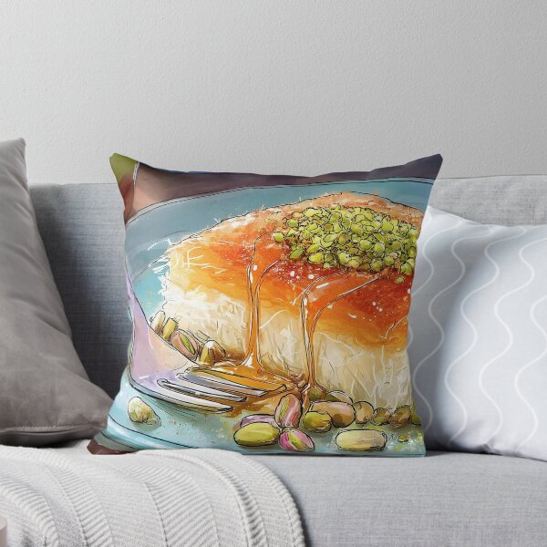 Item preview, Indulge in Syrup-Drizzled Kunafa with Crushed Pistachios on a Vibrant Blue Plate designed and sold by OlfactoART Studio.