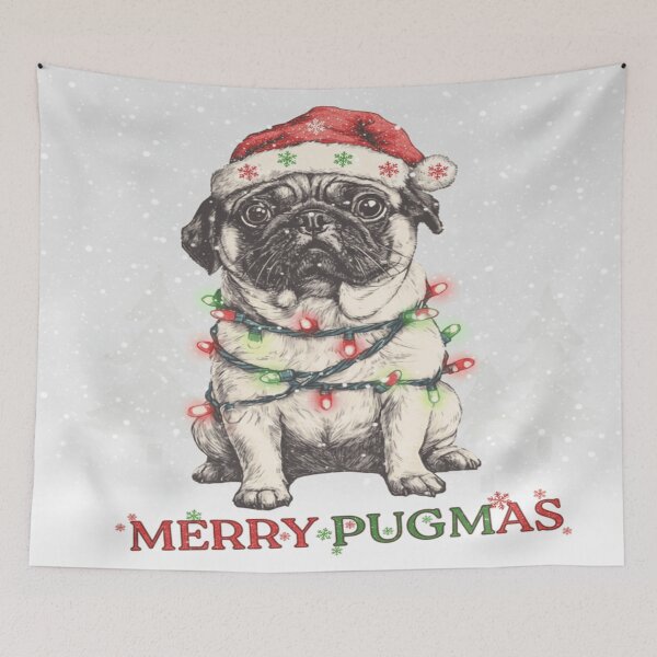 Item preview, Cute Christmas Pug with Lights and Santa Hat designed and sold by THISPUGVIBE.