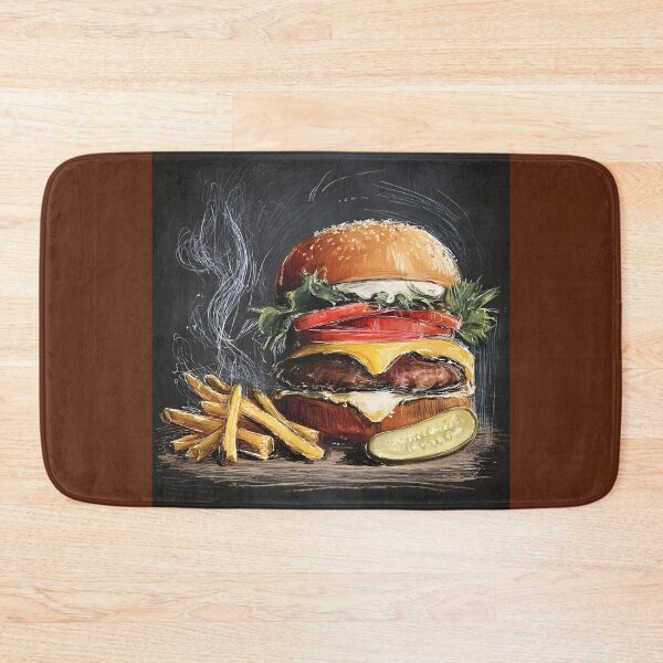 Item preview, Savor a Detailed Cheeseburger with Lettuce, Tomato, Cheese, Crispy Fries, and Pickle on a Chalkboard designed and sold by OlfactoART Studio.