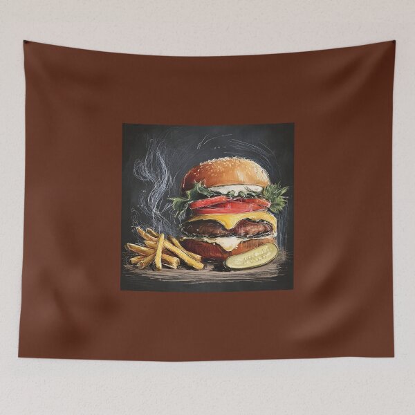 Item preview, Savor a Detailed Cheeseburger with Lettuce, Tomato, Cheese, Crispy Fries, and Pickle on a Chalkboard designed and sold by OlfactoART Studio.