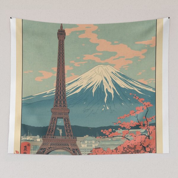 Item preview, Ukiyo-e Woodblock Print of the Eiffel Tower – Mount Fuji and Cherry Blossoms designed and sold by Vandy Fullam.