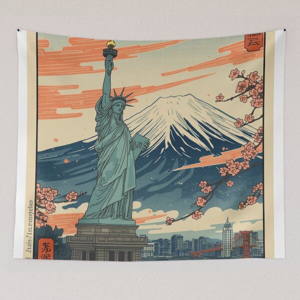 Item preview, Ukiyo-e Woodblock Print of the Statue of Liberty – Mount Fuji and Japanese Clouds designed and sold by Vandy Fullam.