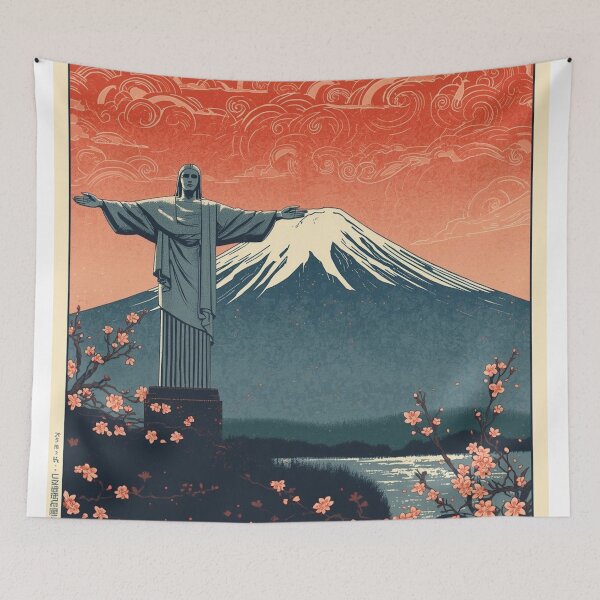 Item preview, Ukiyo-e Woodblock Print of Christ the Redeemer – Mount Fuji and Cherry Blossoms designed and sold by Vandy Fullam.