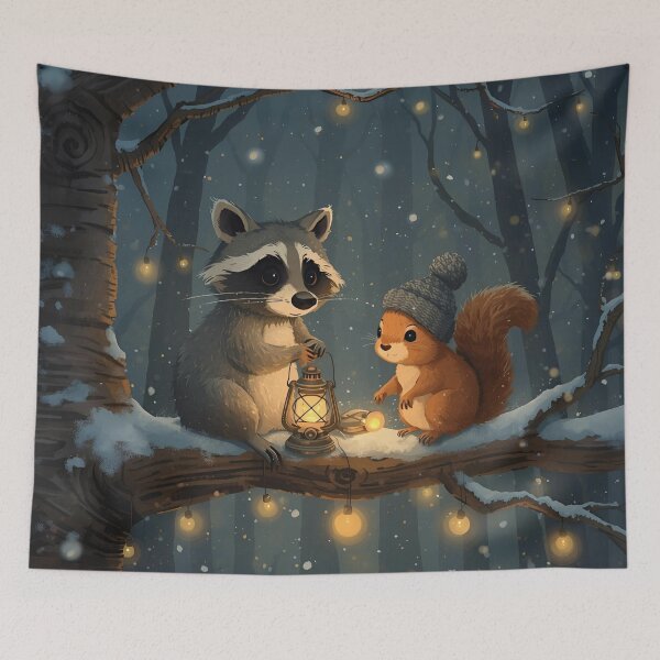 Item preview, Winter Companions – Raccoon and Squirrel in the Snowy Forest designed and sold by WildlifeWhimsy.