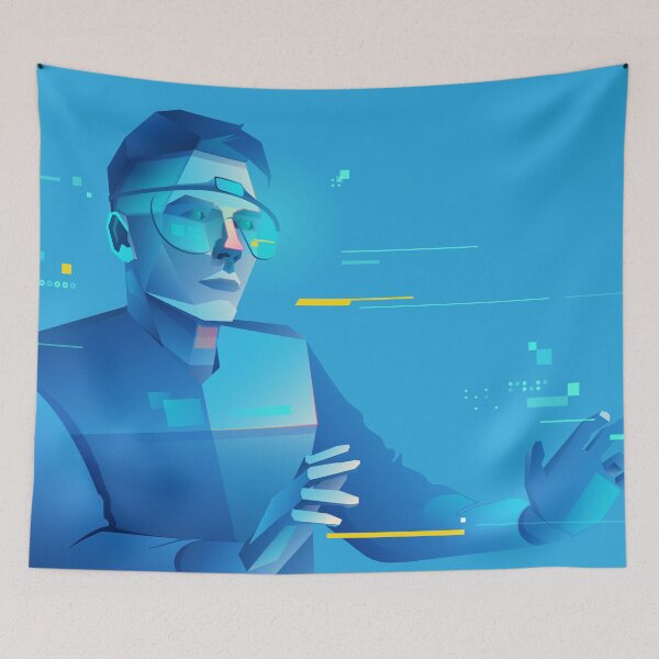 Item preview, concept of virtual reality or augmented reality, character design of tech user wearing smart glasses working in cyberspace presented with cyberpunk style designed and sold by NiamLab.