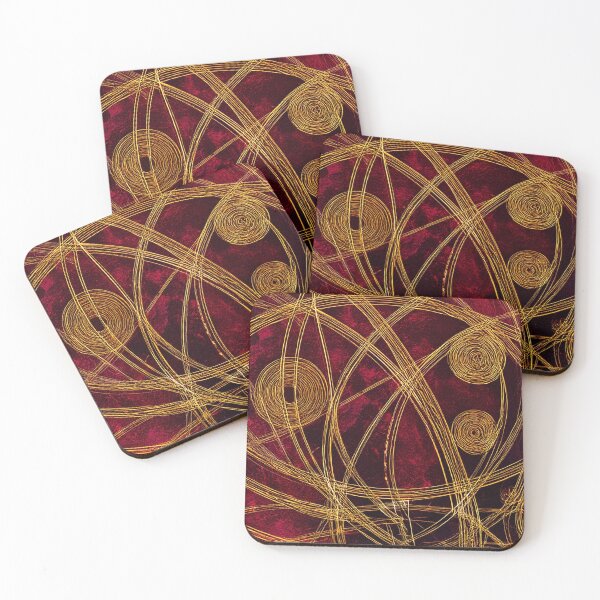 Item preview, Golden swirl abstract pattern on deep crimson textured background designed and sold by SassyArtistry.